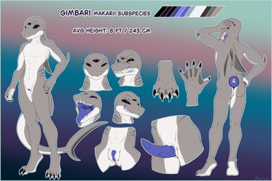 3_eyes expressions feet front_and_back genital_focus gills intersex membrane_(anatomy) mouth_shot multi_eye open_mouth shark_tail shark_teeth solo toes webbed_feet webbed_hands novarraveditoa the_nature_of_predators alien aquatic fan_species absurd_res hi_res model_sheet