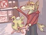 anthro balls clothed clothing duo erection feet fur genitals hair male oral paws penis simple_background standing tail text topwear what zrcalo circle_k quinn_(zrcalo) canid canine canis domestic_pig jackal mammal suid suine sus_(pig) 4:3 digital_media_(artwork)