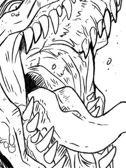 ambiguous_gender bodily_fluids dripping mouth_shot open_mouth pupils saliva saliva_drip sharp_teeth simple_background slit_pupils solo teeth three-quarter_view tongue tongue_out unsigned swampjaws dinosaur prehistoric_species reptile scalie 3:4 absurd_res black_and_white hi_res monochrome