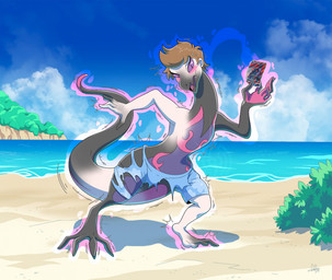 beach blush brown_hair clothing cloud day detailed_background hair hand_feet holding_card long_neck male mid_transformation neck_expansion open_mouth outside plant pokemon_card purple_sclera sand shrub smile solo species_transformation standing tail torn_clothing transformation nolhyaa nintendo pokemon pokemon_tcg generation_7_pokemon human mammal pokemon_(species) salazzle scalie 2024 digital_media_(artwork) hi_res