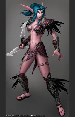 armor breasts clothing female footwear green_hair grey_background hair holding_melee_weapon holding_object holding_weapon humanoid_pointy_ears melee_weapon navel not_furry pointy_ears ponytail sandals shoes simple_background smile solo standing weapon glenn_rane blizzard_entertainment warcraft elf humanoid night_elf 2005 9:14 official_art