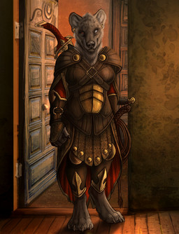 anthro armor blind digitigrade disability ear_piercing female melee_weapon piercing solo sword weapon whip rukis rajne_immar hyena mammal spotted_hyena