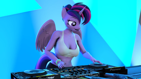 alternate_hairstyle anthro bottomwear breasts cleavage clothed clothing crop_top disc_jockey female glowstick glowstick_bracelet horn midriff navel nightclub pants scratching shirt solo topwear wings yoga_pants rainium friendship_is_magic hasbro my_little_pony mythology twilight_sparkle_(mlp) equid equine mammal mythological_creature mythological_equine winged_unicorn 16:9 3d_(artwork) alternate_version_at_source digital_media_(artwork) hi_res source_filmmaker_(artwork) widescreen