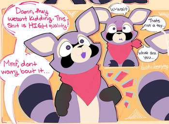 anthro black_body black_fur black_nose duo exclamation_point fur holding_object holding_plushie kerchief male multicolored_body multicolored_fur neckerchief neckwear plushie purple_body purple_ears purple_eyes purple_fur red_kerchief red_neckerchief speech_bubble standing tan_body tan_fur text three-quarter_view sushiamazing indigo_park rambley_raccoon mammal procyonid raccoon 2026 digital_media_(artwork) english_text hi_res