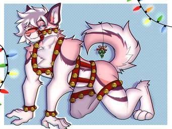 anthro arnes ass_up bell christmas_clothing clothing collar flustered gift harness holidays jingle_bell looking_at_viewer male muscular muscular_male muzzle_(object) muzzled simple_background smile solo hornybnuuy christmas checho canid canine canis mammal wolf 4:3 absurd_res hi_res