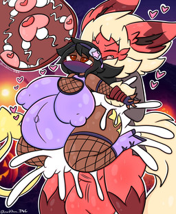 anthro balls belly big_balls big_belly big_breasts black_hair blonde_hair blush bodily_fluids breasts brown_body cum cum_inflation cum_inside duo ejaculation female genital_fluids genitals hair heart_symbol impregnation inflation male male/female multiple_ova ninja ovum ovum_with_heart penis red_body sex sperm_cell warrior lewdchuu nintendo pokemon pyon_(lewdchuu) eeveelution flareon generation_1_pokemon human mammal pokemon_(species) hi_res