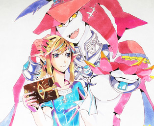 clothed clothing duo hand_on_head looking_at_viewer male sheikah_slate simple_background tablet_computer white_background kiritampononnon breath_of_the_wild nintendo the_legend_of_zelda link prince_sidon aquatic humanoid zora 2020 half-length_portrait hi_res portrait