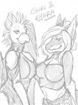 anthro beak belt bottomwear clothed clothing collar duo female halter_top pants shirt tank_top topwear 4tailedfox mythology guri_snowpaw kyera avian dragon gryphon mythological_avian mythological_creature mythological_scalie scalie 3:4 hi_res monochrome