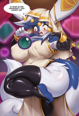 anthro biped blue_body breasts clothed clothing dialogue female fingers glistening glistening_body legwear multicolored_body nipple_outline on_one_leg solo speech_bubble standing tail text thick_thighs thigh_highs white_body mleonheart nintendo pokemon generation_9_pokemon mega_evolution mega_meowstic pokemon_(species) hi_res