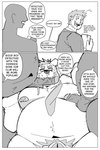 anthro balls belly border dialogue erection facial_hair foreskin genitals good_boy group group_sex male male/male moobs mustache navel necktie nipples nude overweight overweight_male penis penis_in_mouth sex text threesome trio white_border coolietf bear human mammal 2:3 comic english_text greyscale hi_res monochrome