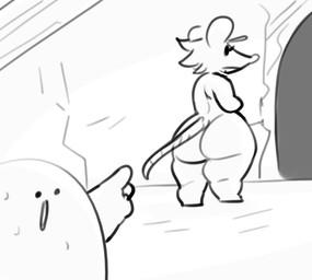ambiguous_gender anthro big_butt butt gesture hand_gesture pointing shortstack solo lostwisdom mammal mouse murid murine rodent 2023 digital_media_(artwork) monochrome sketch