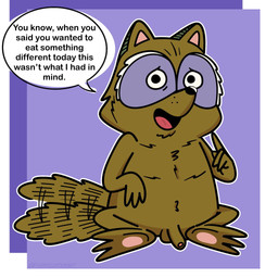 anthro balls brown_body brown_fur dialogue fur genitals male penis simple_background sitting solo tail tail_motion tailwag text fabricationist mammal procyonid raccoon 1:1 2025 character_request english_text hi_res
