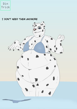 anthro belly big_belly big_butt bikini blue_clothing blue_eyes butt claws clothing fat_rolls female fur markings obese obese_anthro obese_female overweight overweight_anthro overweight_female solo spots spotted_body swimwear text thick_thighs two-piece_swimsuit wet white_body white_fur dintrick canid canine canis dalmatian domestic_dog mammal absurd_res english_text hi_res