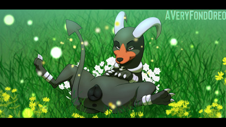 3_toes animal_genitalia animal_vulva anus black_bars black_body black_fur canine_genitalia canine_vulva detailed_background feet female feral fur genitals grass horn lying multicolored_body multicolored_fur on_back plant pointed_tail seductive solo toes two_tone_body two_tone_fur vulva mikeyfen nintendo pokemon generation_2_pokemon houndoom pokemon_(species) 16:9 2021 4k absurd_res colored hi_res letterbox shaded signature widescreen