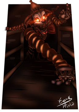 ambiguous_gender border bow_tie clothing clown clown_nose female fingers glowing glowing_eyes hair hat headgear headwear looking_at_viewer machine party_hat pigtails red_hair solo upper_body wall_(structure) hpiola five_nights_at_freddy's five_nights_at_freddy's:_secret_of_the_mimic five_nights_at_freddy's:_security_breach scottgames steel_wool_studios jackie_(fnaf) the_mimic_(fnaf) animatronic humanoid robot 2025 digital_media_(artwork) signature