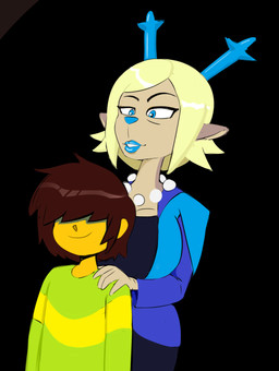 age_difference anthro antlers black_background blonde_hair blue_antlers blue_clothing blue_eyes blue_jacket blue_lipstick blue_nose blue_topwear breasts brown_hair cleavage closed_smile clothed clothed_anthro clothed_female clothed_human clothed_male clothing female female_anthro gem green_clothing green_sweater green_topwear hair hair_over_eyes hand_on_another's_shoulder hand_on_shoulder hands_on_shoulders horn human_on_anthro interspecies jacket jewelry larger_anthro larger_female lipstick makeup male male_human mature_anthro mature_female medium_hair mouth_closed necklace older_anthro older_female older_female_younger_male pearl_(gem) pearl_necklace short_snout simple_background size_difference slim_anthro slim_female slim_human slim_male smaller_human smaller_male smile smiling_at_another standing_behind sweater topwear yellow_body yellow_skin younger_human younger_male 4chan_anon unknown_artist deltarune undertale_(series) carol_holiday kris_dreemurr deer human mammal 2025 digital_drawing_(artwork) digital_media_(artwork) english_description hi_res portrait three-quarter_portrait