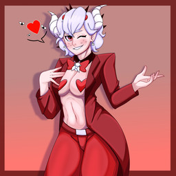 blush border bottomwear bow_tie breasts clothing ear_piercing eyelashes female freckled_face freckles front_view grey_hair hair heart_pasties heart_symbol horn looking_at_viewer navel one_eye_closed pants pasties piercing pink_background red_border red_bottomwear red_bow_tie red_clothing red_eyes red_pants red_topwear short_hair simple_background smile solo tan_body tan_skin thick_thighs topwear white_horn wide_hips wink winking_at_viewer ceo_of_lizards helltaker beelzebub_(helltaker) demon demon_humanoid horned_humanoid humanoid 1:1 absurd_res hi_res