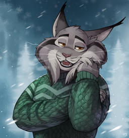 anthro clothing fur grey_body grey_fur male outside smile snow solo sweater topwear yellow_eyes 7th_art_forge disney zootopia pawbert_lynxley canada_lynx felid feline lynx mammal hi_res