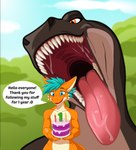 anthro birthday_cake blue_eyes bodily_fluids cake dessert duo food greeting grey_body imminent_oral_vore imminent_vore macro micro open_mouth oral_vore orange_body orange_eyes saliva saliva_on_tongue size_difference speech_bubble text tongue tongue_out vore white_body dragonimator mythology dinosaur dragon kobold mythological_creature mythological_scalie prehistoric_species reptile scalie english_text