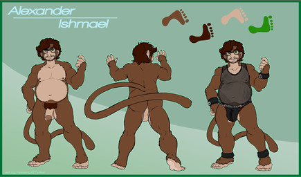 against_surface against_wall anklet anthro armpit_hair backsack balls biped body_hair border bracelet butt circumcised clothed clothing color_swatch countershading erection eyewear facial_hair flaccid front_view genitals glasses goatee humanoid_genitalia humanoid_penis jewelry leaning leaning_forward leather looking_at_viewer male moobs musclegut muscular navel nipples nude off/on overweight overweight_anthro overweight_male penis perineum pubes raised_tail rear_view red_border shirt simple_background solo standing tail tank_top thong topwear translucent translucent_clothing underwear zipper zipper_underwear delicatessen haplorhine mammal monkey primate alternate_version_at_source digital_media_(artwork) flat_colors hi_res model_sheet
