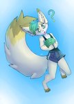 anthro athletic_wear barefoot bottomwear clothed clothing confusion doubt duo feet femboy floating fluffy gym_bottomwear gym_shorts hug male prize shirt shorts tank_top topwear galo canid canine fox mammal 2020 absurd_res digital_media_(artwork) hi_res