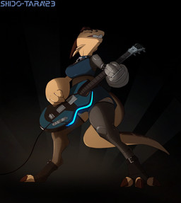 anthro bottomwear clothing collar cybernetic_limb cybernetics digitigrade electric_guitar female fishnet_clothing fishnet_legwear fishnet_topwear guitar legwear machine musical_instrument plucked_string_instrument skirt solo standing string_instrument tail topwear conditional_dnp shido-tara 6-9 alien cyborg lizard reptile scalie hi_res sketch