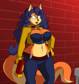 alley anthro badge belt big_breasts big_butt blue_hair boots bottom_heavy bottomwear breasts bubble_butt butt claws clothed clothing crop_top denim denim_bottomwear denim_clothing ear_piercing female footwear goes gun hair huge_thighs jacket jeans lipstick makeup midriff navel pants piercing ranged_weapon shirt shock_pistol shoes solo thick_thighs toe_claws topwear weapon wide_hips comical_weapon sly_cooper_(series) sony_corporation sony_interactive_entertainment sucker_punch_productions carmelita_fox canid canine fox mammal sequence
