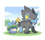 ambiguous_gender feral flower grass group motion_lines open_mouth plant quadruped question_mark red_sclera text tongue yellow_eyes azuma_minatsu nintendo pokemon generation_3_pokemon generation_4_pokemon luxray mudkip pokemon_(species) 2019 japanese_text