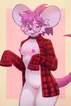 anthro areola buckteeth clothed clothing collar eyewear female fur genitals glasses hair nipples open_clothing open_shirt open_topwear pink_body pink_fur pink_hair pussy shirt smile solo teeth topwear wearing_glasses saneaz mammal murid murine rodent hi_res