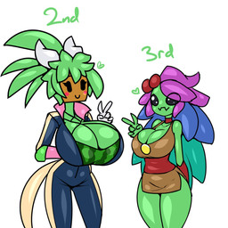 5_fingers bent_arm big_breasts biped blush blush_stickers bodysuit breast_size_difference breasts brown_clothing brown_dress cleavage closed_smile clothed clothed_female clothed_humanoid clothing collarbone dress duo empty_eyes facing_each_other female female_humanoid fingers for_a_head fully_clothed fully_clothed_female fully_clothed_humanoid gesture glistening glistening_eyes green_body hand_behind_back hand_gesture heart_symbol huge_breasts monotone_body mouth_closed noseless not_furry number plant plant_hair plant_pot pseudo_hair side_by_side simple_background simple_eyes skinsuit smile standing stylized_empty_eyes tail thick_thighs tight_clothing v_sign white_background wide_hips limebreaker blaster_master chucklefish starbound kanna_(blaster_master) nuru_(starbound) elemental_creature elemental_humanoid flora_fauna floran humanoid object_head plant_humanoid 1:1 2019 crossover digital_drawing_(artwork) digital_media_(artwork) flat_colors hi_res