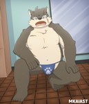 anthro asian_clothing bodily_fluids brown_body brown_fur clothing east_asian_clothing fundoshi fur japanese_clothing locker_room male mirror navel nipples scar slightly_chubby solo sweat underwear mkaiast lifewonders tokyo_afterschool_summoners moritaka_(tas) canid canine canis domestic_dog mammal absurd_res hi_res