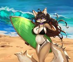 anthro beach belly big_breasts bikini breasts clothed clothing collar countershading early_pregnancy female fur hair looking_at_viewer navel outside potbelly pregnant pregnant_anthro pregnant_female purple_eyes sand sea seaside smile solo surfboard swimwear two-piece_swimsuit water dragonfu gillian canid canine canis coyote fox hybrid mammal 2023 hi_res