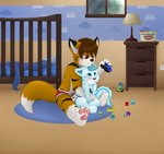 absurd_res anowotternpc anthro bottomwear brick canid canine cheetah clothing crib cubs_at_play diaper duo felid feline fox hi_res hybrid kiddy_(todeskiddy) lyssie male male/male mammal playing pouty red_clothing red_underwear toy toy_car underwear vehicle young young_anthro