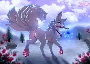 5_tails anus berry blue_body blue_eyes blue_fur cloud collar ear_piercing ear_ring feathers female feral food fruit fur fur_markings genitals holding_object humanoid_genitalia humanoid_genitalia_on_feral humanoid_vulva humanoid_vulva_on_feral lamp lantern markings multi_tail pawpads paws piercing plant ring_piercing sky snow solo tail tree vulva astralia canid canine fox mammal hi_res