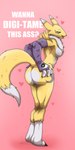 anthro arm_warmers armwear black_sclera blue_eyes breasts butt clothing female fur hand_on_butt holidays looking_at_viewer nipples nude raised_tail simple_background smile solo solo_focus standing tail white_body white_fur yellow_body yellow_fur teastuff bandai_namco digimon valentine's_day canid canine digimon_(species) mammal renamon absurd_res hi_res