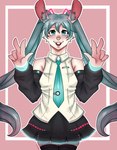 accessory alternate_species anthro armwear blue_eyes bottomwear buckteeth clothing female furrification gesture hair hair_accessory hairband hand_gesture long_hair looking_at_viewer necktie pigtails shirt skirt solo standing teeth topwear twintails_(hairstyle) v_sign hyenahypy vocaloid hatsune_miku lagomorph leporid mammal rabbit 2021 absurd_res hi_res