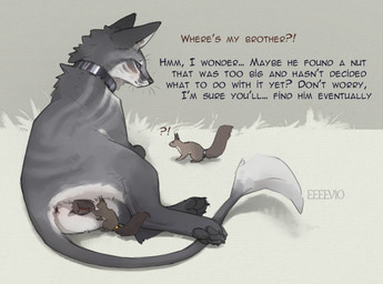 ambiguous_feral ambiguous_gender animal_genitalia animal_vulva anus blush bodily_fluids butt canine_genitalia canine_vulva claws collar dialogue duo female female_feral feral feral_on_feral fingering fur genital_fluids genitals interspecies male male/female male_feral pawpads paws plump_labia predator/prey ring shy simple_background size_difference size_play smile tail text vaginal vaginal_fingering vulva eeeevio mel_(eeeevio) ody_(eeeevio) sekhmetha canid canine fox hybrid mammal rodent sciurid tree_squirrel digital_drawing_(artwork) digital_media_(artwork) english_text