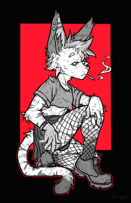 ambiguous_gender anthro arm_tuft black_border border bottomwear bulge chest_tuft cigarette clothed clothed_anthro clothing crop_top ear_piercing elbow_tuft fishnet_clothing fishnet_legwear footwear fur inner_ear_fluff legwear midriff piercing red_background ring shirt shoes simple_background skirt smoking smoking_cigarette solo striped_body striped_fur stripes tail topwear tuft whiskers helregin mammal 2022 absurd_res hi_res restricted_palette