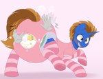 alphagatorz_(diaper) amber_eyes big_diaper blue_body blush brown_hair brown_tail butt butt_grab clothed clothing diaper diaper_fetish diaper_under_clothing diaper_under_onesie disembodied_hand female footwear grope hair hand_on_butt hand_on_diaper horn legwear mane multicolored_hair multicolored_mane onesie open_mouth open_smile pattern_clothing pattern_diaper pattern_footwear pattern_legwear pattern_socks patting patting_diaper pink_background pink_clothing pink_footwear pink_onesie pink_socks shocked simple_background smile socks solo sound_effects striped_clothing striped_footwear striped_socks stripes tail touching_diaper two_tone_hair two_tone_mane two_tone_tail wearing_diaper shuphle abuniverse alphagatorz hasbro my_little_pony mythology fan_character retro_bit_(whytebyte) equid equine mammal mythological_creature mythological_equine unicorn hi_res