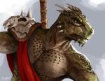 anthro armor bone clothing dutch_angle green_body green_scales male muscular muscular_anthro muscular_male pauldron pecs scales skull solo tan_body tan_scales weapon yellow_eyes 7theaven microsoft the_elder_scrolls raj-mota_rus_(character) argonian scalie absurd_res bust_portrait hi_res portrait