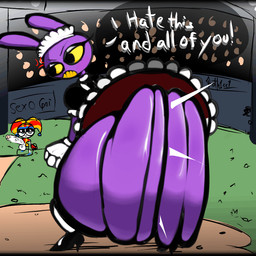 4_fingers anthro ass_clapping balls big_balls big_butt big_penis bodily_fluids bubble_butt butt butt_ripples clothing cross-popping_vein duo ejaculation eyelashes eyeshadow fingers footwear foreskin furrowed_eyebrows genital_fluids genitals gynomorph half-closed_eyes high_heels huge_balls huge_butt huge_penis intersex leaking_precum long_eyelashes maid_headdress maid_uniform makeup male narrowed_eyes penis precum shoes small_but_hung small_penis smug_expression speech_bubble thick_thighs throbbing throbbing_balls throbbing_penis twerking uniform unretracted_foreskin g0th1cc glitch_productions the_amazing_digital_circus evil_pomni_(tadc) jax_(tadc) humanoid lagomorph leporid mammal rabbit 1:1 2d_animation animated