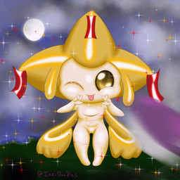 3_eyes blep daww featureless_crotch female gesture glistening glistening_body hand_gesture looking_at_viewer master_ball moon multi_eye night one_eye_closed pokeball solo star technically_nude thick_thighs tongue tongue_out v_sign wink winking_at_viewer yellow_body izzipurrito nintendo pokemon generation_3_pokemon jirachi legendary_pokemon pokemon_(species) 1:1 absurd_res hi_res