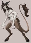 black_horn brown_body brown_fur brown_hair brown_tail crotch_tuft featureless_crotch fur grey_body grey_skin hair horizontal_pupils horn looking_at_viewer male nipples nude open_mouth pupils ridged_horn solo standing tail tail_tuft tuft yellow_eyes imperatorcaesar satyr hi_res