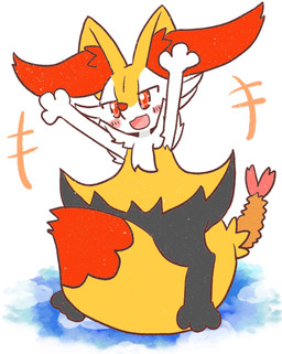 ambiguous_anthro ambiguous_gender anthro big_tail biped blush blush_stickers crossbar_emanata digitigrade dipstick_tail emanata food front_view markings object_in_tail open_:3 open_mouth open_smile raised_arms shrimp_(food) sitting_on_tail smile solo tail tail_between_legs tail_markings textured three-quarter_view annyui0611 nintendo pokemon braixen canid generation_6_pokemon mammal pokemon_(species) 2023 digital_drawing_(artwork) digital_media_(artwork) full-length_portrait hi_res japanese_description portrait translated_description