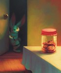 anthro black_markings blue_eyes cheek_tuft chest_tuft closed_smile container cookie door facial_tuft featureless_crotch food fur head_tuft jar male markings mouth_closed nude pink_nose smile solo standing tuft white_body white_fur mylafox lagomorph leporid mammal rabbit 2023 dated hi_res signature