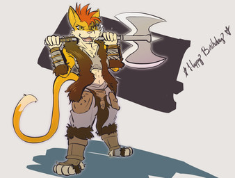 anthro armor axe barbarian biped fantasy female fur greataxe hair mohawk multiple_piercings open_mouth orange_hair piercing solo standing tribal_outfit yellow_body yellow_eyes yellow_fur rdy xk2x zgf_art domestic_cat felid feline felis mammal munchkin_cat hi_res