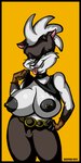 anthro areola black_border border bottomwear clothed clothing clothing_lift female fingerless_gloves gloves handwear nipple_piercing nipples pants piercing shirt shirt_lift solo tongue tongue_out tongue_piercing topwear dutch_(artist) honei badger honey_badger mammal mustelid musteline 1:2 2013 artist_name digital_media_(artwork)