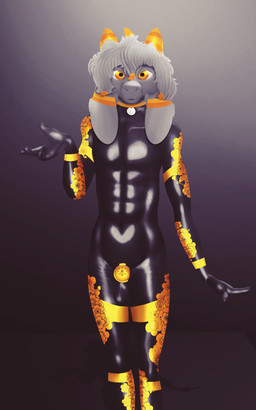 anthro balls chastity_cage chastity_device clothing floppy_ears fur genitals grey_body grey_fur hair horn latex latex_clothing latex_skinsuit male orange_eyes orange_horn skinsuit solo tight_clothing wearing_chastity_cage wearing_chastity_device conditional_dnp gusta gusta_(gusta) bovid caprine goat mammal 5:8 hi_res lineless