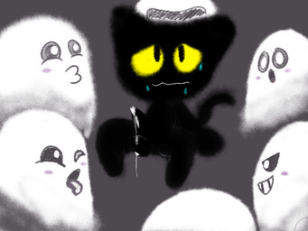 balls black_body black_fur blush bodily_fluids crossgender cum fur genital_fluids grin group holidays male nude open_mouth penis simple_background smile sweat tongue tongue_out thunderfap google google_doodle halloween magic_cat_academy momo_(google) felid ghost mammal spirit 2016 monochrome