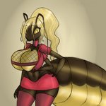 4_arms antennae_(anatomy) anthro arthropod_abdomen big_breasts big_tail blonde_hair bottomwear breasts cleavage clothed clothing female fishnet_clothing fishnet_topwear front_view hair hand_on_hip holding_breast huge_breasts huge_tail legwear makeup mascara midriff miniskirt multi_arm multi_limb navel non-mammal_breasts ponytail simple_background skirt smile solo squish standing tail thigh_highs thigh_squish thong thong_straps three-quarter_view topwear underwear yellow_eyes yellow_sclera puddomega ant arthropod hymenopteran insect 1:1 hi_res portrait three-quarter_portrait